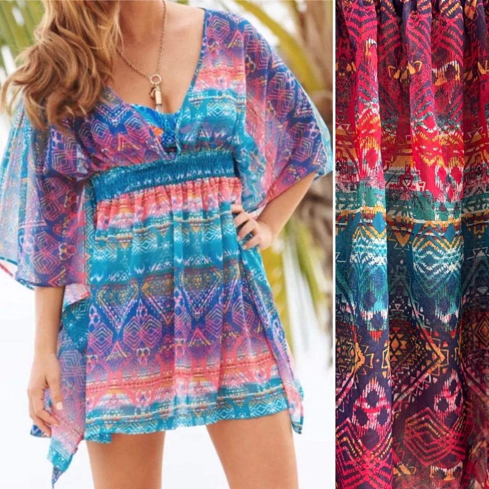 JESSICA SIMPSON Sheer Multi Color Beach Swim Cover-Up | EUC OS